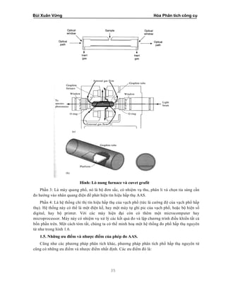Bùi Xuân Vững Hóa Phân tích công cụ
35
Hình: Lò nung furnace và cuvet grafit
Phần 3: Là máy quang phổ, nó là bộ đơn sắc, có nhiệm vụ thu, phân li và chọn tia sáng cần
đo hướng vào nhân quang điện để phát hiện tín hiệu hấp thụ AAS.
Phần 4: Là hệ thống chỉ thị tín hiệu hấp thụ của vạch phổ (tức là cường độ của vạch phổ hấp
thụ). Hệ thống này có thể là một điện kế, hay một máy tự ghi pic của vạch phổ, hoặc bộ hiện số
digital, hay bộ printer. Với các máy hiện đại còn có thêm một microcomputer hay
microprocessor. Máy này có nhiệm vụ xử lý các kết quả đo và lập chương trình điều khiển tất cả
bốn phần trên. Một cách tóm tắt, chúng ta có thể minh hoạ một hệ thống đo phổ hấp thụ nguyên
tử như trong hình 1.6.
1.5. Những ưu điểm và nhược điểm của phép đo AAS.
Cũng như các phương pháp phân tích khác, phương pháp phân tích phổ hấp thụ nguyên tử
cũng có những ưu điểm và nhược điểm nhất định. Các ưu điểm đó là:
 