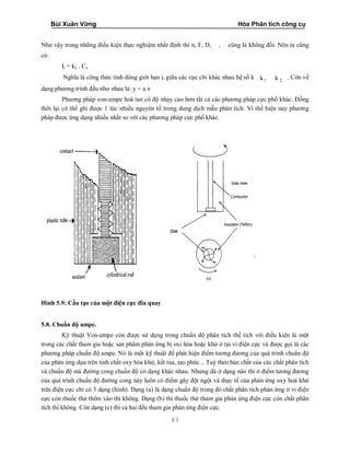 Bùi Xuân Vững Hóa Phân tích công cụ
63
Như vậy trong những điều kiện thực nghiệm nhất định thì n, F, D, , cũng là không đổi. Nên ta cũng
có:
Ii = k2 . Cx
Nghĩa là công thức tính dòng giới hạn ii giữa các cực chỉ khác nhau hệ số k 1 2k k . Còn về
dạng phương trình đều như nhau là: y = a.x
Phương pháp von-ampe hoà tan có độ nhạy cao hơn tất cả các phương pháp cực phổ khác. Đồng
thời lại có thể ghi được 1 lúc nhiều nguyên tố trong dung dịch mẫu phân tích. Vì thế hiện nay phương
pháp được ứng dụng nhiều nhất so với các phương pháp cực phổ khác.
Hình 5.9: Cấu tạo của một điện cực đĩa quay
5.8. Chuẩn độ ampe.
Kỹ thuật Von-ampe còn được sử dụng trong chuẩn độ phân tích thể tích với điều kiện là một
trong các chất tham gia hoặc sản phẩm phản ứng bị oxi hóa hoặc khử ở tại vi điện cực và được gọi là các
phương pháp chuẩn độ ampe. Nó là một kỹ thuật để phát hiện điểm tương đương của quá trình chuẩn độ
của phản ứng dựa trên tính chất oxy hóa khử, kết tủa, tạo phức... Tuỳ theo bản chất của các chất phân tích
và chuẩn độ mà đường cong chuẩn độ có dạng khác nhau. Nhưng dù ở dạng nào thì ở điểm tương đương
của quá trình chuẩn độ đường cong này luôn có điểm gây đột ngột và thực tế của phản ứng oxy hoá khử
trên điện cực chỉ có 3 dạng (hình). Dạng (a) là dạng chuẩn độ trong đó chất phân tích phản ứng ở vi điện
cực còn thuốc thử thêm vào thì không. Dạng (b) thì thuốc thử tham gia phản ứng điện cực còn chất phân
tích thì không. Còn dạng (c) thì cả hai đều tham gia phản ứng điện cực.
 