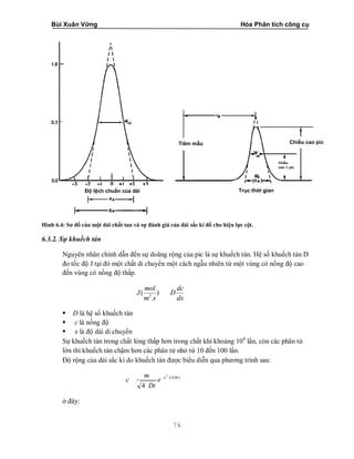 Bùi Xuân Vững Hóa Phân tích công cụ
74
Hình 6.4: Sơ đồ của một dải chất tan và sự đánh giá của dải sắc kí đồ cho hiệu lực cột.
6.3.2. Sự khuếch tán
Nguyên nhân chính dẫn đến sự doãng rộng của pic là sự khuếch tán. Hệ số khuếch tán D
đo tốc độ J tại đó một chất di chuyển một cách ngẫu nhiên từ một vùng có nồng độ cao
đến vùng có nồng độ thấp.
dx
dc
D
sm
mol
J )
.
( 2
 D là hệ số khuếch tán
 c là nồng độ
 x là độ dài di chuyển
Sự khuếch tán trong chất lỏng thấp hơn trong chất khí khoảng 104
lần, còn các phân tử
lớn thì khuếch tán chậm hơn các phân tử nhỏ từ 10 đến 100 lần.
Độ rộng của dải sắc kí do khuếch tán được biểu diễn qua phương trình sau:
)4/(2
4
Dtx
e
Dt
m
c
ở đây:
Độ lệch chuẩn của dải
Tiêm mẫu Chiều cao pic
Chiều
cao ½ pic
Trục thời gian
 