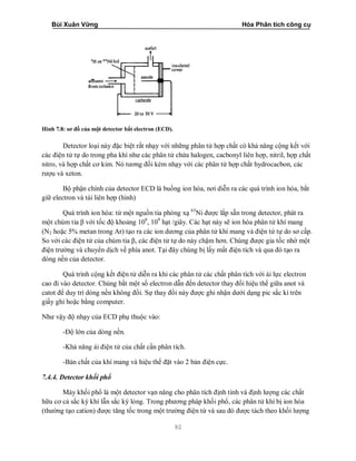 Bùi Xuân Vững Hóa Phân tích công cụ
92
Hình 7.8: sơ đồ của một detector bắt electron (ECD).
Detector loại này đặc biệt rất nhạy với những phân tử hợp chất có khả năng cộng kết với
các điện tử tự do trong pha khí như các phân tử chứa halogen, cacbonyl liên hợp, nitril, hợp chất
nitro, và hợp chất cơ kim. Nó tương đối kém nhạy với các phân tử hợp chất hydrocacbon, các
rượu và xeton.
Bộ phận chính của detector ECD là buồng ion hóa, nơi diễn ra các quá trình ion hóa, bắt
giữ electron và tái liên hợp (hình)
Quá trình ion hóa: từ một nguồn tia phóng xạ 63
Ni được lắp sẵn trong detector, phát ra
một chùm tia β với tốc độ khoảng 108
, 109
hạt /giây. Các hạt này sẽ ion hóa phân tử khí mang
(N2 hoặc 5% metan trong Ar) tạo ra các ion dương của phân tử khí mang và điện tử tự do sơ cấp.
So với các điện tử của chùm tia β, các điện tử tự do này chậm hơn. Chúng được gia tốc nhờ một
điện trường và chuyển dịch về phía anot. Tại đây chúng bị lấy mất điện tích và qua đó tạo ra
dòng nền của detector.
Quá trình cộng kết điện tử diễn ra khi các phân tử các chất phân tích với ái lực electron
cao đi vào detector. Chúng bắt một số electron dẫn đến detector thay đổi hiệu thế giữa anot và
catot để duy trì dòng nền không đổi. Sự thay đổi này được ghi nhận dưới dạng pic sắc kí trên
giấy ghi hoặc bằng computer.
Như vậy độ nhạy của ECD phụ thuộc vào:
-Độ lớn của dòng nền.
-Khả năng ái điện tử của chất cần phân tích.
-Bản chất của khí mang và hiệu thế đặt vào 2 bản điện cực.
7.4.4. Detector khối phổ
Máy khối phổ là một detector vạn năng cho phân tích định tính và định lượng các chất
hữu cơ cả sắc ký khí lẫn sắc ký lỏng. Trong phương pháp khối phổ, các phân tử khí bị ion hóa
(thường tạo cation) được tăng tốc trong một trường điện từ và sau đó được tách theo khối lượng
 