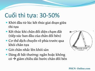 Cuối thì tựa: 30-50%
 Khởi đầu từ lúc kết thúc giai đoạn giữa
thì tựa
 Kết thúc khi chân đối diện chạm đất
(tiếp xúc ban đầu của chân đối bên)
 Cơ thể dịch chuyển về phía trước qua
khỏi chân tựa
 Gót chân nhấc lên khỏi sàn
 Dáng đi bất thường: ngắn hoặc không
có  giảm chiều dài bước chân đối bên
PHCN- Online.com
 