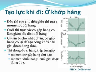 Tạo lực khi đi: Ở khớp háng
 Đầu thì tựa cho đến giữa thì tựa :
moment duỗi háng
 Cuối thì tựa: các cơ gấp háng co
làm giảm tốc độ duỗi háng.
 Chuẩn bị cho nhấc chân, cơ gấp
háng co lại để tạo công khởi đầu
giai đoạn đong đưa.
 Thì đong đưa: háng tiếp tục gấp
 moment cơ gấp háng chủ đạo
 moment duỗi háng: cuối giai đoạn
đong đưa.
PHCN- Online.com
 