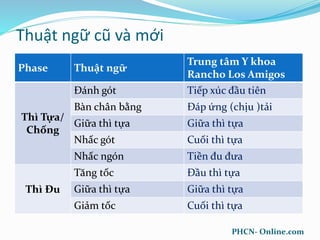 Thuật ngữ cũ và mới
Phase Thuật ngữ
Trung tâm Y khoa
Rancho Los Amigos
Thì Tựa/
Chống
Đánh gót Tiếp xúc đầu tiên
Bàn chân bằng Đáp ứng (chịu )tải
Giữa thì tựa Giữa thì tựa
Nhấc gót Cuối thì tựa
Nhấc ngón Tiền đu đưa
Thì Đu
Tăng tốc Đầu thì tựa
Giữa thì tựa Giữa thì tựa
Giảm tốc Cuối thì tựa
PHCN- Online.com
 