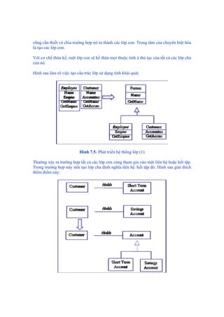 cũng cần thiết và chia trường hợp nó ra thành các lớp con. Trọng tâm của chuyên biệt hóa
là tạo các lớp con.
Với cơ chế thừa kế, một lớp con sẽ kế thừa mọi thuộc tính à thủ tục của tất cả các lớp cha
của nó.
Hình sau làm rõ việc tạo cấu trúc lớp sử dụng tính khái quát.
Hình 7.5- Phát triển hệ thống lớp (1)
Thường xảy ra trường hợp tất cả các lớp con cùng tham gia vào một liên hệ hoặc kết tập.
Trong trường hợp này nên tạo lớp cha định nghĩa liên hệ /kết tập đó. Hình sau giải thích
thêm điểm này:
 