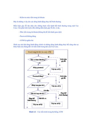 - Kiểm tra mức tiền trong tài khoản
Đây là những ví dụ cho các dòng hành động thay thế bình thường.
Điều kiện gây lỗi đại diện cho những bước tiến hành bất bình thường trong một Use
Case. Cần phải tính trước đến những điều kiện gây lỗi đó, ví dụ :
- Mức tiền trong tài khoản không đủ để tiến hành giao dịch
- Password không đúng
- ATM bị nghẽn thẻ
Hình sau nêu bật dòng hành động chính và những dòng hành động thay thế cũng như sự
khác biệt của chúng đối với tiến trình mong đợi của Use Case.
Hình 4.4 – Các tiến trình trong hệ thống ATM
 