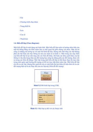 - File
- Chương trình chạy được
- Trang thiết bị
- Icon
- Cửa sổ
- Thanh kéo
1.4- Biểu đồ lớp (Class diagram):
Một biểu đồ lớp là một dạng mô hình tĩnh. Một biểu đồ lớp miêu tả hướng nhìn tĩnh của
một hệ thống bằng các khái niệm lớp và mối quan hệ giữa chúng với nhau. Mặc dù nó
cũng có những nét tương tự với một mô hình dữ liệu, nhưng nên nhớ rằng các lớp không
phải chỉ thể hiện cấu trúc thông tin mà còn miêu tả cả hình vi. Một trong các mục đích
của biểu đồ lớp là tạo nền tảng cho các biểu đồ khác, thể hiện các khía cạnh khác của hệ
thống (ví dụ như trạng thái của đối tượng hay cộng tác động giữa các đối tượng, được chỉ
ra trong các biểu đồ động). Một lớp trong một biểu đồ lớp có thể được thực thi trực tiếp
trong một ngôn ngữ hướng đối tượng có hỗ trợ trực tiếp khái niệm lớp. Một biểu đồ lớp
chỉ chỉ ra các lớp, nhưng bên cạnh đó còn có một biến tấu hơi khác đi một chút chỉ ra các
đối tượng thật sự là các thực thể của các lớp này (biểu đồ đối tượng).
Hình 5.2-Mô hình lớp trong UML
Hình 5.3- Một lớp cụ thể với các thuộc tính
 