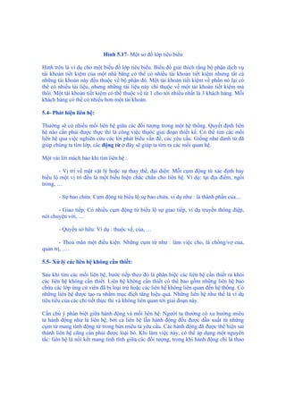 Hình 5.17- Một sơ đồ lớp tiêu biểu
Hình trên là ví dụ cho một biểu đồ lớp tiêu biểu. Biểu đồ giải thích rằng bộ phận dịch vụ
tài khoản tiết kiệm của một nhà băng có thể có nhiều tài khoản tiết kiệm nhưng tất cả
những tài khoản này đều thuộc về bộ phận đó. Một tài khoản tiết kiệm về phần nó lại có
thể có nhiều tài liệu, nhưng những tài liệu này chỉ thuộc về một tài khoản tiết kiệm mà
thôi. Một tài khoản tiết kiệm có thể thuộc về từ 1 cho tới nhiều nhất là 3 khách hàng. Mỗi
khách hàng có thể có nhiều hơn một tài khoản.
5.4- Phát hiện liên hệ:
Thường sẽ có nhiều mối liên hệ giữa các đối tượng trong một hệ thống. Quyết định liên
hệ nào cần phải được thực thi là công việc thụôc giai đoạn thiết kế. Có thể tìm các mối
liên hệ qua việc nghiên cứu các lời phát biểu vấn đề, các yêu cầu. Giống như danh từ đã
giúp chúng ta tìm lớp, các động từ ở đây sẽ giúp ta tìm ra các mối quan hệ.
Một vài lời mách bảo khi tìm liên hệ :
- Vị trí về mặt vật lý hoặc sự thay thế, đại diện: Mỗi cụm động từ xác định hay
biểu lộ một vị trí đều là một biểu hiện chắc chắn cho liên hệ. Ví dụ: tại địa điểm, ngồi
trong, …
- Sự bao chứa: Cụm động từ biểu lộ sự bao chứa, ví dụ như : là thành phần của....
- Giao tiếp: Có nhiều cụm động từ biểu lộ sự giao tiếp, ví dụ truyền thông điệp,
nói chuyện với, …
- Quyền sở hữu: Ví dụ : thuộc về, của, …
- Thoả mãn một điều kiện: Những cụm từ như : làm việc cho, là chồng/vợ của,
quản trị, ….
5.5- Xử lý các liên hệ không cần thiết:
Sau khi tìm các mối liên hệ, bước tiếp theo đó là phân biệc các liên hệ cần thiết ra khỏi
các liên hệ không cần thiết. Liên hệ không cần thiết có thể bao gồm những liên hệ bao
chứa các lớp ứng cử viên đã bị loại trừ hoặc các liên hệ không liên quan đến hệ thống. Có
những liên hệ được tạo ra nhằm mục đích tăng hiệu quả. Những liên hệ như thế là ví dụ
tiêu tiểu của các chi tiết thực thi và không liên quan tới giai đoạn này.
Cần chú ý phân biệt giữa hành động và mối liên hệ. Người ta thường có xu hướng miêu
tả hành động như là liên hệ, bởi cả liên hệ lẫn hành động đều được dẫn xuất từ những
cụm từ mang tính động từ trong bản miêu tả yêu cầu. Các hành động đã được thể hiện sai
thành liên hệ cũng cần phải được loại bỏ. Khi làm việc này, có thể áp dụng một nguyên
tắc: liên hệ là nối kết mang tính tĩnh giữa các đối tượng, trong khi hành động chỉ là thao
 