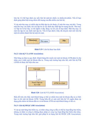 liên hệ. Có thể hạn định các mối liên hệ một-tới nhiều và nhiều-tới-nhiều. Yếu tố hạn
định giúp phân biệt trong nhóm đối tượng của đầu nhiều của liên hệ.
Ví dụ một thự mục có nhiều tập tin.Một tập tin chỉ thuộc về một thư mục mà thôi. Trong
một thư mục xác định, tên của tập tin sẽ xác định duy nhất tập tin mang tên đó. Thư mục
và Tập tin là hai lớp, và tên tậptin ở đây đóng vai trò yếu tố hạn định. Một thư mục và
một tên tập tin xác định một tập tin. Yếu tố hạn định ở đây đã chuyển một mối liên hệ
một-tới-nhiều thành liên hệ một-tới-một.
Hình 5.19- Liên hệ được hạn định
5.6.2- Liên hệ VÀ (AND Association)
Nhà băng nọ đưa ra quy định: khách hàng khi muốn mở một tài khoản ATM phải là chủ
nhân của ít nhất một tài khoản đầu tư. Trong một trường hợp như thế, mối liên hệ VÀ
(AND) sẽ được thể hiện như sau:
Hình 5.20- Liên hệ VÀ (AND Association)
Biểu đồ trên cho thấy một khách hàng có thể có nhiều hơn một tài khoản đầu tư có thời
hạn và chỉ một tài khoản ATM. Trong biểu đồ có một mối liên hệ VÀ ngầm được áp
dụng giữa nhóm tài khoản đầu tư và tài khoản ATM mà một khách hàng có thể có.
5.6.3- Liên hệ HOẶC (OR Association)
Ví dụ tại một hãng bảo hiểm nọ, cá nhân cũng công ty đều có thể ký hợp đồng bảo hiểm,
nhưng cá nhân và công ty không được phép có cùng loại hợp đồng bảo hiểm như nhau.
Trong một trường hợp như thế, giải pháp là sử dụng liên hệ HOẶC (OR Association).
 