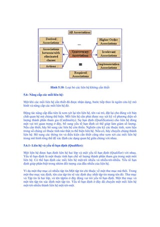 Hình 5.18- Loại bỏ các liên hệ không cần thiết
5.6- Nâng cấp các mối liên hệ:
Một khi các mối liên hệ cần thiết đã được nhận dạng, bước tiếp theo là ngiên cứu kỹ mô
hình và nâng cấp các mối liên hệ đó.
Động tác nâng cấp đầu tiên là xem xét lại tên liên hệ, tên vai trò, đặt lại cho đúng với bản
chất quan hệ mà chúng thể hiện. Mỗi liên hệ cần phải được suy xét kỹ về phương diện số
lượng thành phần tham gia (Cardinality). Sự hạn định (Qualification) cho liên hệ đóng
một vai trò quan trọng ở đây, bổ sung yếu tố hạn định có thể giúp làm giảm số lượng.
Nếu cần thiết, hãy bổ sung các liên hệ còn thiếu. Nghiên cứu kỹ các thuộc tính, xem liệu
trong số chúng có thuộc tính nào thật ra thể hiện liên hệ. Nếu có, hãy chuyển chúng thành
liên hệ. Bổ sung các thông tin và điều kiện cần thiết cũng như xem xét các mối liên hệ
trong mô hình tổng thể để xác định các dạng quan hệ giữa chúng với nhau.
5.6.1- Liên hệ và yếu tố hạn định (Qualifier):
Một liên hệ được hạn định liên hệ hai lớp và một yếu tố hạn định (Qualifier) với nhau.
Yếu tố hạn định là một thuộc tính hạn chế số lượng thành phần tham gia trong một mối
liên hệ. Có thể hạn định các mối liên hệ một-tới nhiều và nhiều-tới-nhiều. Yếu tố hạn
định giúp phân biệt trong nhóm đối tượng của đầu nhiều của liên hệ.
Ví dụ một thự mục có nhiều tập tin.Một tập tin chỉ thuộc về một thư mục mà thôi. Trong
một thư mục xác định, tên của tập tin sẽ xác định duy nhất tập tin mang tên đó. Thư mục
và Tập tin là hai lớp, và tên tậptin ở đây đóng vai trò yếu tố hạn định. Một thư mục và
một tên tập tin xác định một tập tin. Yếu tố hạn định ở đây đã chuyển một mối liên hệ
một-tới-nhiều thành liên hệ một-tới-một.
 