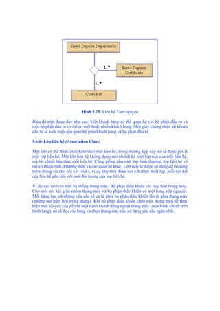 Hình 5.23- Liên hệ Tam nguyên
Biểu đồ trên được đọc như sau: Một khách hàng có thể quan hệ với bộ phận đầu tư và
một bộ phận đầu tư có thể có một hoặc nhiều khách hàng. Một giấy chứng nhận tài khoản
đầu tư sẽ xuất hiện qua quan hệ giữa khách hàng và bộ phận đầu tư.
5.6.6- Lớp liên hệ (Association Class)
Một lớp có thể được đính kèm theo một liên hệ, trong trường hợp này nó sẽ được gọi là
một lớp liên hệ. Một lớp liên hệ không được nối tới bất kỳ một lớp nào của mối liên hệ,
mà tới chính bản thân mối liên hệ. Cũng giống như một lớp bình thường, lớp liên hệ có
thể có thuộc tính, Phương thức và các quan hệ khác. Lớp liên hệ được sử dụng để bổ sung
thêm thông tin cho nối kết (link), ví dụ như thời điểm nối kết được thiết lập. Mỗi nối kết
của liên hệ gắn liền với một đối tượng của lớp liên hệ.
Ví dụ sau miêu tả một hệ thống thang máy. Bộ phận điều khiển chỉ huy bốn thang máy.
Cho mỗi nối kết giữa nhóm thang máy và bộ phận điều khiển có một hàng xếp (queue).
Mỗi hàng lưu trữ những yều cầu kể cả từ phía bộ phận điều khiển lẫn từ phía thang máy
(những nút bấm bên trong thang). Khi bộ phận điều khiển chọn một thang máy để thực
hiện một lời yêu cầu đến từ một hành khách đứng ngoài thang máy (một hành khách trên
hành lang), nó sẽ đọc các hàng và chọn thang máy nào có hàng yêu cầu ngắn nhất.
 