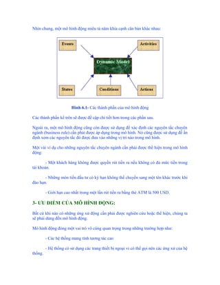 Nhìn chung, một mô hình động miêu tả năm khía cạnh căn bản khác nhau:




                        Hình 6.1- Các thành phần của mô hình động

Các thành phần kể trên sẽ được đề cập chi tiết hơn trong các phần sau.

Ngoài ra, một mô hình động cũng còn được sử dụng để xác định các nguyên tắc chuyên
ngành (business rule) cần phải được áp dụng trong mô hình. Nó cũng được sử dụng để ấn
định xem các nguyên tắc đó được đưa vào những vị trí nào trong mô hình.

Một vài ví dụ cho những nguyên tắc chuyên ngành cần phải được thể hiện trong mô hình
động:

        - Một khách hàng không được quyền rút tiền ra nếu không có đủ mức tiền trong
tài khoản.

       - Những món tiền đầu tư có kỳ hạn không thể chuyển sang một tên khác trước khi
đáo hạn.

         - Giới hạn cao nhất trong một lần rút tiền ra bằng thẻ ATM là 500 USD.

3- ƯU ĐIỂM CỦA MÔ HÌNH ĐỘNG:

Bất cứ khi nào có những ứng xử động cần phải được nghiên cứu hoặc thể hiện, chúng ta
sẽ phải dùng đến mô hình động.

Mô hình động đóng một vai trò vô cùng quan trọng trong những trường hợp như:

         - Các hệ thống mang tính tương tác cao

         - Hệ thống có sử dụng các trang thiết bị ngoại vi có thể gọi nên các ứng xử của hệ
thống.
 