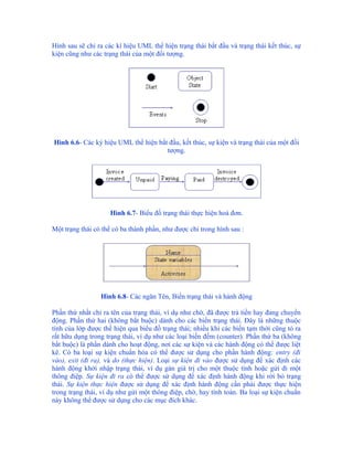 Hình sau sẽ chỉ ra các kí hiệu UML thể hiện trạng thái bắt đầu và trạng thái kết thúc, sự
kiện cũng như các trạng thái của một đối tượng.




Hình 6.6- Các ký hiệu UML thể hiện bắt đầu, kết thúc, sự kiện và trạng thái của một đối
                                      tượng.




                    Hình 6.7- Biểu đồ trạng thái thực hiện hoá đơn.

Một trạng thái có thể có ba thành phần, như được chỉ trong hình sau :




                 Hình 6.8- Các ngăn Tên, Biến trạng thái và hành động

Phần thứ nhất chỉ ra tên của trạng thái, ví dụ như chờ, đã được trả tiền hay đang chuyển
động. Phần thứ hai (không bắt buộc) dành cho các biến trạng thái. Đây là những thuộc
tính của lớp được thể hiện qua biểu đồ trạng thái; nhiều khi các biến tạm thời cũng tỏ ra
rất hữu dụng trong trạng thái, ví dụ như các loại biến đếm (counter). Phần thứ ba (không
bắt buộc) là phần dành cho hoạt động, nơi các sự kiện và các hành động có thể được liệt
kê. Có ba loại sự kiện chuẩn hóa có thể được sử dụng cho phần hành động: entry (đi
vào), exit (đi ra), và do (thực hiện). Loại sự kiện đi vào được sử dụng để xác định các
hành động khởi nhập trạng thái, ví dụ gán giá trị cho một thuộc tính hoặc gửi đi một
thông điệp. Sự kiện đi ra có thể được sử dụng để xác định hành động khi rời bỏ trạng
thái. Sự kiện thực hiện được sử dụng để xác định hành động cần phải được thực hiện
trong trạng thái, ví dụ như gửi một thông điệp, chờ, hay tính toán. Ba loại sự kiện chuẩn
này không thể được sử dụng cho các mục đích khác.
 