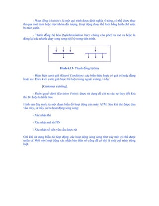 - Hoạt động (Activity): là một qui trình được định nghĩa rõ ràng, có thể được thực
thi qua một hàm hoặc một nhóm đối tượng. Hoạt động được thể hiện bằng hình chữ nhật
bo tròn cạnh.

       - Thanh đồng bộ hóa (Synchronisation bar): chúng cho phép ta mở ra hoặc là
đóng lại các nhánh chạy song song nội bộ trong tiến trình.




                             Hình 6.13- Thanh đồng bộ hóa

       - Điều kiện canh giữ (Guard Condition): các biểu thức logic có giá trị hoặc đúng
hoặc sai. Điều kiện canh giữ được thể hiện trong ngoặc vuông, ví dụ:

               [Customer existing].

        - Điểm quyết định (Decision Point): được sử dụng để chỉ ra các sự thay đổi khả
thi. Kí hiệu là hình thoi.

Hình sau đây miêu tả một đoạn biểu đồ hoạt động của máy ATM. Sau khi thẻ được đưa
vào máy, ta thấy có ba hoạt động song song:

       - Xác nhận thẻ

       - Xác nhận mã số PIN

       - Xác nhận số tiền yêu cầu được rút

Chỉ khi sử dụng biểu đồ hoạt động, các hoạt động song song như vậy mới có thể được
miêu tả. Mỗi một hoạt động xác nhận bản thân nó cũng đã có thể là một quá trình riêng
biệt.
 