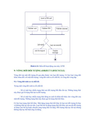 Hình 6.14- Biểu đồ hoạt động của máy ATM

9- VÒNG ĐỜI ĐỐI TƯỢNG (OBJECT LIFECYCLE)

Vòng đời mà một đối tượng đi qua phụ thuộc vào loại đối tượng. Có hai loại vòng đời
khác nhau đối với một đối tượng: vòng đời sinh ra rồi chết đi; và vòng đời vòng lặp.

9.1- Vòng đời sinh ra và chết đi:

Trong một vòng đời sinh ra rồi chết đi:

      - Sẽ có một hay nhiều trạng thái nơi đối tượng bắt đầu tồn tại. Những trạng thái
này được gọi là trạng thái tạo ra đối tượng.

       - Sẽ có một hay nhiều trạng thái đóng tư cách là điểm kết thúc cho vòng đời của
một đối tượng. Những trạng thái này được gọi là trạng thái kết thúc.

Có hai loại trạng thái kết thúc. Một dạng trạng thái kết thúc là loại nơi đối tượng bị hủy
và không tiếp tục tồn tại nữa. Loại thứ hai là dạng trạng thái kết thúc mà sau đó đối tượng
sẽ được lưu trữ lại hoặc chuyển sang trạng thái im lặng. Đối tượng tiếp tục tồn tại nhưng
không tiếp tục thể hiện ứng xử động.
 