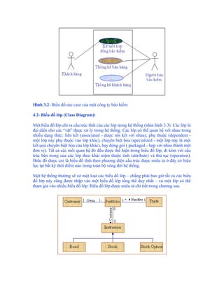 Hình 3.2- Biểu đồ use case của một công ty bảo hiểm

4.2- Biểu đồ lớp (Class Diagram):

Một biểu đồ lớp chỉ ra cấu trúc tĩnh của các lớp trong hệ thống (nhìn hình 3.3). Các lớp là
đại diện cho các “vật” được xử lý trong hệ thống. Các lớp có thể quan hệ với nhau trong
nhiều dạng thức: liên kết (associated - được nối kết với nhau), phụ thuộc (dependent -
một lớp này phụ thuộc vào lớp khác), chuyên biệt hóa (specialized - một lớp này là một
kết quả chuyên biệt hóa của lớp khác), hay đóng gói ( packaged - hợp với nhau thành một
đơn vị). Tất cả các mối quan hệ đó đều được thể hiện trong biểu đồ lớp, đi kèm với cấu
trúc bên trong của các lớp theo khái niệm thuộc tính (attribute) và thủ tục (operation).
Biểu đồ được coi là biểu đồ tĩnh theo phương diện cấu trúc được miêu tả ở đây có hiệu
lực tại bất kỳ thời điểm nào trong toàn bộ vòng đời hệ thống.

Một hệ thống thường sẽ có một loạt các biểu đồ lớp – chẳng phải bao giờ tất cả các biểu
đồ lớp này cũng được nhập vào một biểu đồ lớp tổng thể duy nhất – và một lớp có thể
tham gia vào nhiều biểu đồ lớp. Biểu đồ lớp được miêu tả chi tiết trong chương sau.
 