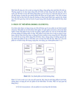 Một biểu đồ cộng tác chỉ ra một sự cộng tác động, cũng giống như một biểu đồ trình tự.
Thường người ta sẽ chọn hoặc dùng biểu đồ trình tự hoặc dùng biểu đồ cộng tác. Bên
cạnh việc thể hiện sự trao đổi thông điệp (được gọi là tương tác), biểu đồ cộng tác chỉ ra
các đối tượng và quan hệ của chúng (nhiều khi được gọi là ngữ cảnh). Việc nên sử dụng
biểu đồ trình tự hay biểu đồ cộng tác thường sẽ được quyết định theo nguyên tắc chung
sau: Nếu thời gian hay trình tự là yếu tố quan trọng nhất cần phải nhấn mạnh thì hãy chọn
biểu đ

5- PHẦN TỬ MÔ HÌNH (MODEL ELEMENT):

Các khái niệm được sử dụng trong các biểu đồ được gọi là các phần tử mô hình (model
element). Một phần tử mô hình được định nghĩa với ngữ nghĩa (semantic), đó là một định
nghĩa về bản chất phần tử hay là một xác định ý nghĩa chính xác xem nó sẽ thể hiện điều
gì trong những lời khẳng định rõ ràng. Mỗi phần tử mô hình còn có một sự miêu tả trực
quan, một ký hiệu hình học được sử dụng để miêu tả phần tử này trong biểu đồ. Một phần
tử có thể tồn tại trong nhiều dạng biểu đồ khác nhau, nhưng cũng có những nguyên tắc
xác định loại phần tử nào có thể được chỉ ra trong loại biểu đồ nào. Một vài ví dụ cho
phần tử vô hình là lớp, đối tượng, trạng thái, nút mạng, gói, thành phần (hình 3.11).




                    Hình 3.11- Các thành phần mô hình thường dùng

Hình 3.12 chỉ ra một vài ví dụ của mối quan hệ, đây cũng là một dạng phần tử mô hình,
chúng được sử dụng để nối các phần tử mô hình khác với nhau. Một vài loại quan hệ
đáng chú ý:

       • Nối kết (Association) : nối các phần tử và các thực thể nối (link).
 