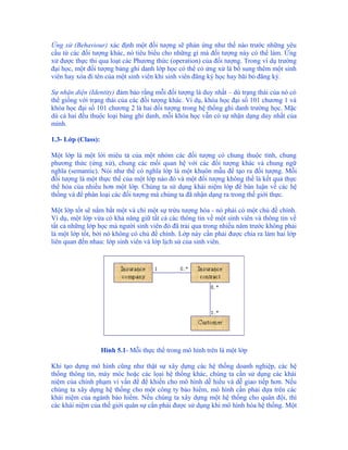 Ứng xử (Behaviour) xác định một đối tượng sẽ phản ứng như thế nào trước những yêu
cầu từ các đối tượng khác, nó tiêu biểu cho những gì mà đối tượng này có thể làm. Ứng
xử được thực thi qua loạt các Phương thức (operation) của đối tượng. Trong ví dụ trường
đại học, một đối tượng bảng ghi danh lớp học có thể có ứng xử là bổ sung thêm một sinh
viên hay xóa đi tên của một sinh viên khi sinh viên đăng ký học hay bãi bỏ đăng ký.

Sự nhận diện (Identity) đảm bảo rằng mỗi đối tượng là duy nhất – dù trạng thái của nó có
thể giống với trạng thái của các đối tượng khác. Ví dụ, khóa học đại số 101 chương 1 và
khóa học đại số 101 chương 2 là hai đối tượng trong hệ thống ghi danh trường học. Mặc
dù cả hai đều thuộc loại bảng ghi danh, mỗi khóa học vẫn có sự nhận dạng duy nhất của
mình.

1.3- Lớp (Class):

Một lớp là một lời miêu tả của một nhóm các đối tượng có chung thuộc tính, chung
phương thức (ứng xử), chung các mối quan hệ với các đối tượng khác và chung ngữ
nghĩa (semantic). Nói như thế có nghĩa lớp là một khuôn mẫu để tạo ra đối tượng. Mỗi
đối tượng là một thực thể của một lớp nào đó và một đối tượng không thể là kết quả thực
thể hóa của nhiều hơn một lớp. Chúng ta sử dụng khái niệm lớp để bàn luận về các hệ
thống và để phân loại các đối tượng mà chúng ta đã nhận dạng ra trong thế giới thực.

Một lớp tốt sẽ nắm bắt một và chỉ một sự trừu tượng hóa - nó phải có một chủ đề chính.
Ví dụ, một lớp vừa có khả năng giữ tất cả các thông tin về một sinh viên và thông tin về
tất cả những lớp học mà người sinh viên đó đã trải qua trong nhiều năm trước không phải
là một lớp tốt, bởi nó không có chủ đề chính. Lớp này cần phải được chia ra làm hai lớp
liên quan đến nhau: lớp sinh viên và lớp lịch sử của sinh viên.




                    Hình 5.1- Mỗi thực thể trong mô hình trên là một lớp

Khi tạo dựng mô hình cũng như thật sự xây dựng các hệ thống doanh nghiệp, các hệ
thống thông tin, máy móc hoặc các lọai hệ thống khác, chúng ta cần sử dụng các khái
niệm của chính phạm vi vấn đề để khiến cho mô hình dễ hiểu và dễ giao tiếp hơn. Nếu
chúng ta xây dựng hệ thống cho một công ty bảo hiểm, mô hình cần phải dựa trên các
khái niệm của ngành bảo hiểm. Nếu chúng ta xây dựng một hệ thống cho quân đội, thì
các khái niệm của thế giới quân sự cần phải được sử dụng khi mô hình hóa hệ thống. Một
 