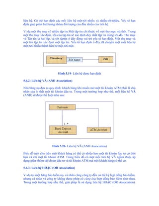 liên hệ. Có thể hạn định các mối liên hệ một-tới nhiều và nhiều-tới-nhiều. Yếu tố hạn
định giúp phân biệt trong nhóm đối tượng của đầu nhiều của liên hệ.

Ví dụ một thự mục có nhiều tập tin.Một tập tin chỉ thuộc về một thư mục mà thôi. Trong
một thư mục xác định, tên của tập tin sẽ xác định duy nhất tập tin mang tên đó. Thư mục
và Tập tin là hai lớp, và tên tậptin ở đây đóng vai trò yếu tố hạn định. Một thư mục và
một tên tập tin xác định một tập tin. Yếu tố hạn định ở đây đã chuyển một mối liên hệ
một-tới-nhiều thành liên hệ một-tới-một.




                          Hình 5.19- Liên hệ được hạn định

5.6.2- Liên hệ VÀ (AND Association)

Nhà băng nọ đưa ra quy định: khách hàng khi muốn mở một tài khoản ATM phải là chủ
nhân của ít nhất một tài khoản đầu tư. Trong một trường hợp như thế, mối liên hệ VÀ
(AND) sẽ được thể hiện như sau:




                      Hình 5.20- Liên hệ VÀ (AND Association)

Biểu đồ trên cho thấy một khách hàng có thể có nhiều hơn một tài khoản đầu tư có thời
hạn và chỉ một tài khoản ATM. Trong biểu đồ có một mối liên hệ VÀ ngầm được áp
dụng giữa nhóm tài khoản đầu tư và tài khoản ATM mà một khách hàng có thể có.

5.6.3- Liên hệ HOẶC (OR Association)

Ví dụ tại một hãng bảo hiểm nọ, cá nhân cũng công ty đều có thể ký hợp đồng bảo hiểm,
nhưng cá nhân và công ty không được phép có cùng loại hợp đồng bảo hiểm như nhau.
Trong một trường hợp như thế, giải pháp là sử dụng liên hệ HOẶC (OR Association).
 