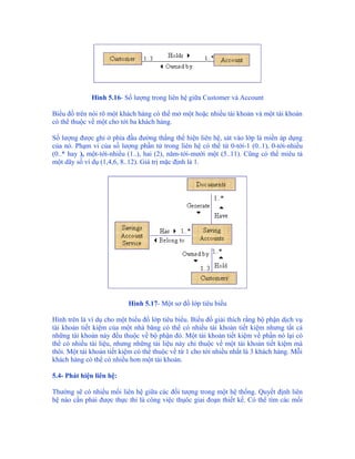 Hình 5.16- Số lượng trong liên hệ giữa Customer và Account

Biểu đồ trên nói rõ một khách hàng có thể mở một hoặc nhiều tài khoản và một tài khoản
có thể thuộc về một cho tới ba khách hàng.

Số lượng được ghi ở phía đầu đường thẳng thể hiện liên hệ, sát vào lớp là miền áp dụng
của nó. Phạm vi của số lượng phần tử trong liên hệ có thể từ 0-tới-1 (0..1), 0-tới-nhiều
(0..* hay ), một-tới-nhiều (1..), hai (2), năm-tới-mười một (5..11). Cũng có thể miêu tả
một dãy số ví dụ (1,4,6, 8..12). Giá trị mặc định là 1.




                           Hình 5.17- Một sơ đồ lớp tiêu biểu

Hình trên là ví dụ cho một biểu đồ lớp tiêu biểu. Biểu đồ giải thích rằng bộ phận dịch vụ
tài khoản tiết kiệm của một nhà băng có thể có nhiều tài khoản tiết kiệm nhưng tất cả
những tài khoản này đều thuộc về bộ phận đó. Một tài khoản tiết kiệm về phần nó lại có
thể có nhiều tài liệu, nhưng những tài liệu này chỉ thuộc về một tài khoản tiết kiệm mà
thôi. Một tài khoản tiết kiệm có thể thuộc về từ 1 cho tới nhiều nhất là 3 khách hàng. Mỗi
khách hàng có thể có nhiều hơn một tài khoản.

5.4- Phát hiện liên hệ:

Thường sẽ có nhiều mối liên hệ giữa các đối tượng trong một hệ thống. Quyết định liên
hệ nào cần phải được thực thi là công việc thụôc giai đoạn thiết kế. Có thể tìm các mối
 