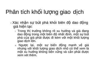 Phân tích khối lượng giao dịch
 c Xácnhận sự bứt phá khỏi biên độ dao động
  giá hiện tại:
   i  Trong thị trường không rõ xu hướng và giá đang
     dao động trong một biên độ nhất định, một sự bứt
     phá của giá phải được đi kèm với một khối lượng
     giao dịch lớn.
   n  Ngược lại, một sự biến động mạnh về giá
     nhưng với khối lượng giao dịch nhỏ có thể xem là
     một xu hướng không bền vững và cần phải được
     xem xét thêm.
 