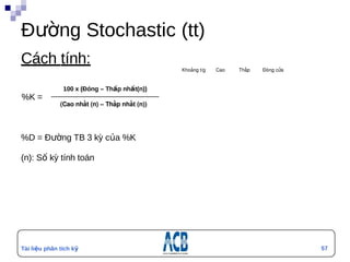 Đường Stochastic (tt)
Cách tính:
                                               Khoảng t/g   Cao   Thấp       Đóng cửa



               100 x (Đóng – Thấp nhất(n))
%K =
              (Cao nhất (n) – Thấp nhất (n))




%D = Đường TB 3 kỳ của %K

(n): Số kỳ tính toán




                                                                         u




Tài liệu phân tích kỹ                                                                   5
                                                                                        57
thuật
 