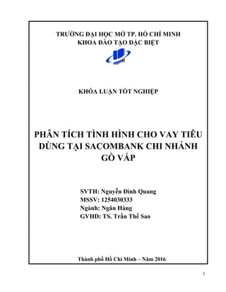 1
TRƯỜNG ĐẠI HỌC MỞ TP. HỒ CHÍ MINH
KHOA ĐÀO TẠO ĐẶC BIỆT
KHÓA LUẬN TỐT NGHIỆP
PHÂN TÍCH TÌNH HÌNH CHO VAY TIÊU
DÙNG TẠI SACOMBANK CHI NHÁNH
GÒ VẤP
SVTH: Nguyễn Đình Quang
MSSV: 1254030333
Ngành: Ngân Hàng
GVHD: TS. Trần Thế Sao
Thành phố Hồ Chí Minh – Năm 2016
 