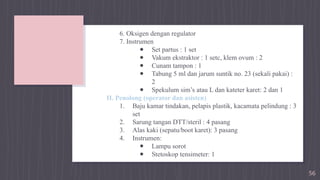 56
6. Oksigen dengan regulator
7. Instrumen
● Set partus : 1 set
● Vakum ekstraktor : 1 setc, klem ovum : 2
● Cunam tampon : 1
● Tabung 5 ml dan jarum suntik no. 23 (sekali pakai) :
2
● Spekulum sim’s atau L dan kateter karet: 2 dan 1
II. Penolong (operator dan asisten)
1. Baju kamar tindakan, pelapis plastik, kacamata pelindung : 3
set
2. Sarung tangan DTT/steril : 4 pasang
3. Alas kaki (sepatu/boot karet): 3 pasang
4. Instrumen:
● Lampu sorot
● Stetoskop tensimeter: 1
 