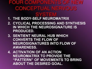 FOUR COMPONENTS OF NEW
  CONCEPTUAL NERVOUS
        SYSTEM
1. THE BODY-SELF NEUROMATRIX
2. CYCLICAL PROCESSING AND SYNTHESIS
   IN WHICH THE NEUROSIGNATURE IS
   PRODUCED.
3. SENTIENT NEURAL HUB WHICH
   CONVERTS THE FLOW OF
   NEUROSIGNATURES INTO FLOW OF
   AWARENESS.
4. ACTIVATION OF AN ACTION
   NEUROMATRIX TO PROVIDE THE
   “PATTERN” OF MOVEMENTS TO BRING
   ABOUT THE DESIRED GOAL.
                              7
 