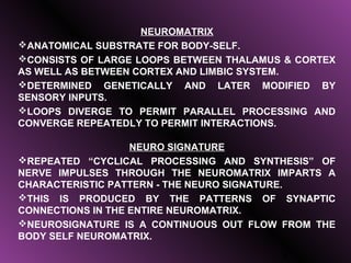 NEUROMATRIX
ANATOMICAL SUBSTRATE FOR BODY-SELF.
CONSISTS OF LARGE LOOPS BETWEEN THALAMUS & CORTEX
AS WELL AS BETWEEN CORTEX AND LIMBIC SYSTEM.
DETERMINED GENETICALLY AND LATER MODIFIED BY
SENSORY INPUTS.
LOOPS DIVERGE TO PERMIT PARALLEL PROCESSING AND
CONVERGE REPEATEDLY TO PERMIT INTERACTIONS.

                   NEURO SIGNATURE
REPEATED “CYCLICAL PROCESSING AND SYNTHESIS” OF
NERVE IMPULSES THROUGH THE NEUROMATRIX IMPARTS A
CHARACTERISTIC PATTERN - THE NEURO SIGNATURE.
THIS IS PRODUCED BY THE PATTERNS OF SYNAPTIC
CONNECTIONS IN THE ENTIRE NEUROMATRIX.
NEUROSIGNATURE IS A CONTINUOUS OUT FLOW FROM THE
BODY SELF NEUROMATRIX.

                                         8
 