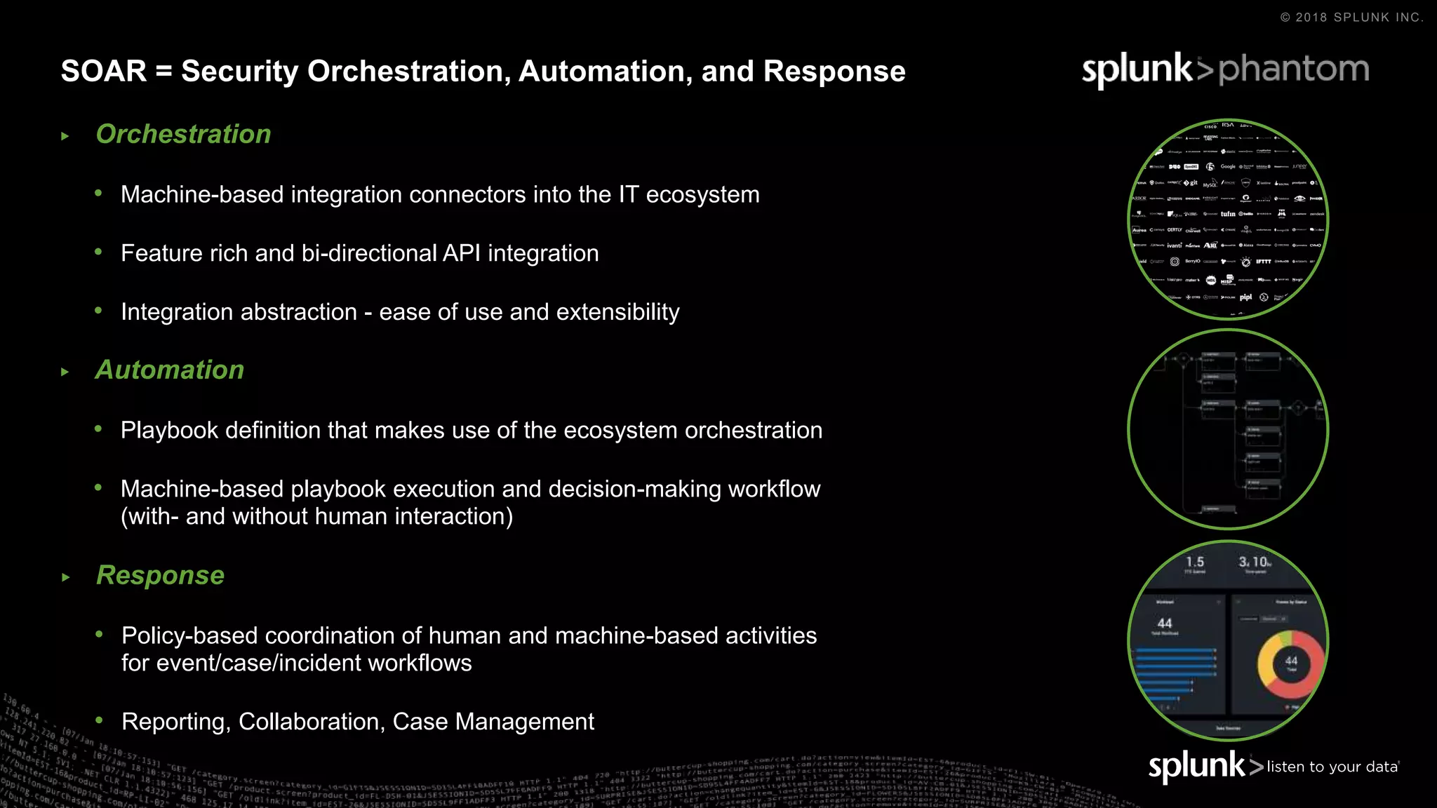 © 2018 SPLUNK INC.
▶ Automation
• Playbook definition that makes use of the ecosystem orchestration
• Machine-based playbook execution and decision-making workflow
(with- and without human interaction)
SOAR = Security Orchestration, Automation, and Response
▶ Orchestration
• Machine-based integration connectors into the IT ecosystem
• Feature rich and bi-directional API integration
• Integration abstraction - ease of use and extensibility
▶ Response
• Policy-based coordination of human and machine-based activities
for event/case/incident workflows
• Reporting, Collaboration, Case Management
 