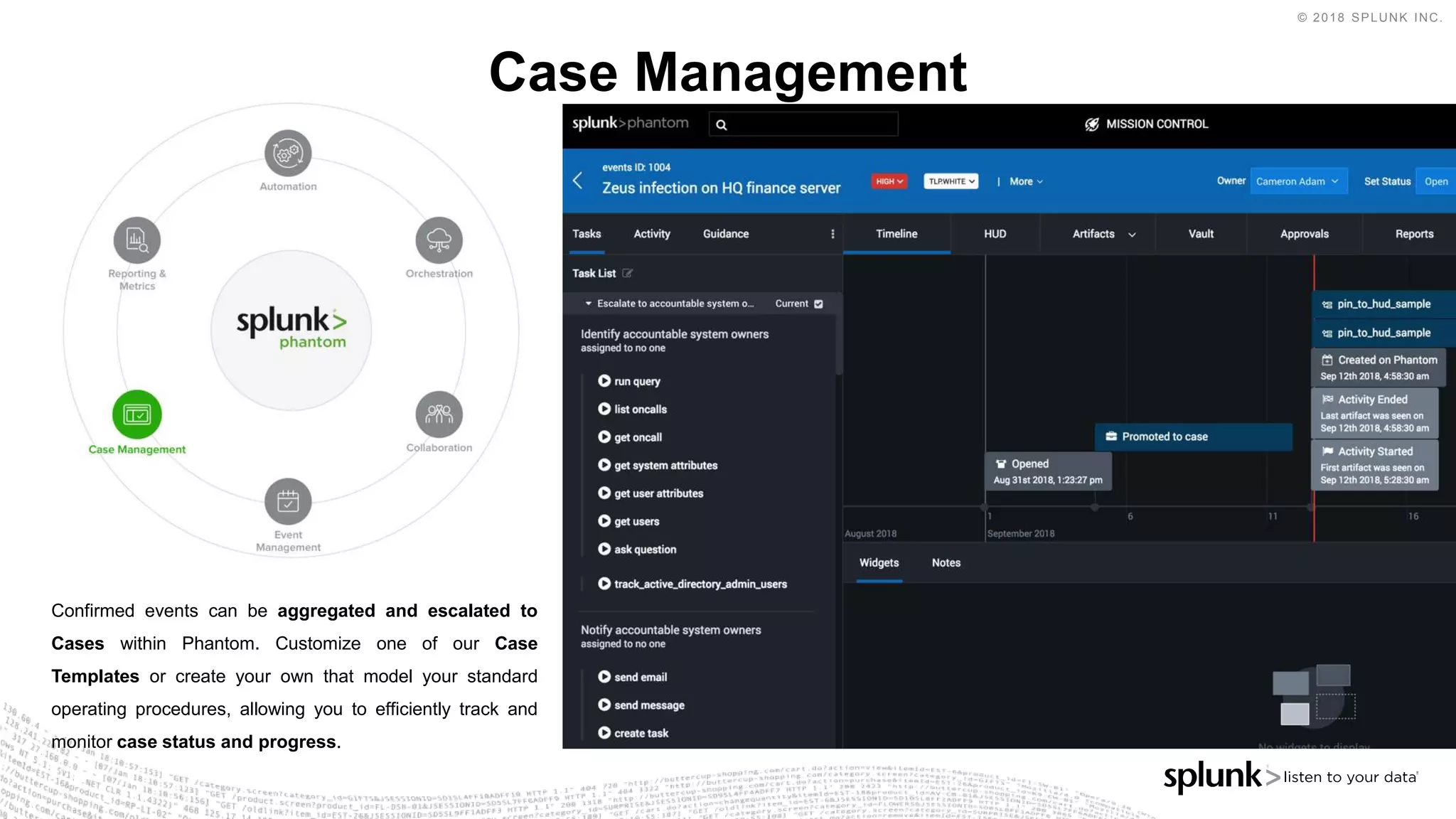 © 2018 SPLUNK INC.
Case Management
Confirmed events can be aggregated and escalated to
Cases within Phantom. Customize one of our Case
Templates or create your own that model your standard
operating procedures, allowing you to efficiently track and
monitor case status and progress.
 
