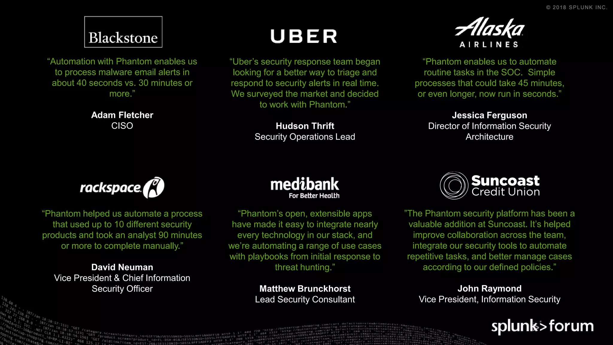© 2018 SPLUNK INC.
”The Phantom security platform has been a
valuable addition at Suncoast. It’s helped
improve collaboration across the team,
integrate our security tools to automate
repetitive tasks, and better manage cases
according to our defined policies.”
John Raymond
Vice President, Information Security
“Uber’s security response team began
looking for a better way to triage and
respond to security alerts in real time.
We surveyed the market and decided
to work with Phantom.”
Hudson Thrift
Security Operations Lead
“Phantom helped us automate a process
that used up to 10 different security
products and took an analyst 90 minutes
or more to complete manually.”
David Neuman
Vice President & Chief Information
Security Officer
“Automation with Phantom enables us
to process malware email alerts in
about 40 seconds vs. 30 minutes or
more.”
Adam Fletcher
CISO
“Phantom’s open, extensible apps
have made it easy to integrate nearly
every technology in our stack, and
we’re automating a range of use cases
with playbooks from initial response to
threat hunting.”
Matthew Brunckhorst
Lead Security Consultant
“Phantom enables us to automate
routine tasks in the SOC. Simple
processes that could take 45 minutes,
or even longer, now run in seconds.”
Jessica Ferguson
Director of Information Security
Architecture
 