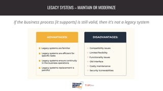 LEGACY SYSTEMS – MAINTAIN OR MODERNIZE
If the business process [it supports] is still valid, then it's not a legacy system
 