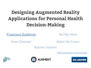 Katrien Verbert
Designing Augmented Reality
Applications for Personal Health
Decision-Making
Francisco Gutiérrez Nyi Nyi Htun
Sven Charleer Robin De Croon
1
https://augment.cs.kuleuven.be/
 