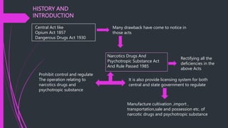 HISTORY AND
INTRODUCTION
Central Act like
Opium Act 1857
Dangerous Drugs Act 1930
Many drawback have come to notice in
those acts
Narcotics Drugs And
Psychotropic Substance Act
And Rule Passed 1985
Rectifying all the
deficiencies in the
above Acts
Prohibit control and regulate
The operation relating to
narcotics drugs and
psychotropic substance
It is also provide licensing system for both
central and state government to regulate
Manufacture cultivation ,import ,
transportation,sale and possession etc. of
narcotic drugs and psychotropic substance
 