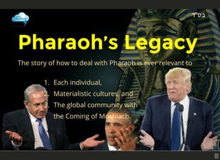 Pharaoh’s Legacy
‫בס"ד‬
1. Each individual,
2. Materialistic cultures, and
3. The global community with
the Coming of Moshiach.
The story of how to deal with Pharaoh is ever relevant to
1
 