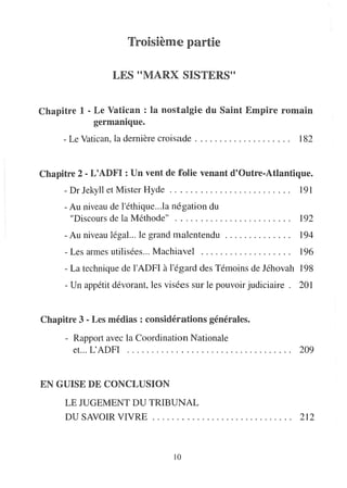 Troisième partie

                    LES "MARX SISTERS"


Chapitre 1 - JLe Vatican: na nostangie du Saint Empire romain
             germanique.
     - Le Vatican, la dernière croisade. . . . . . . . . . . . . . . . . . ..     182


Chapitre 2 - VADFI : Un vent de folie venant d'Outre-Atlantique.
     - Dr Jekyll et Mister Hyde. . . . . . . . . . . . . . . . . . . . . . . ..   191
     - Au niveau de l'éthique.. .la négation du
       "Discours de la Méthode"                                                   192
     - Au niveau légal... le grand malentendu                                     194
     - Les armes utilisées       Machiavel                                        196
     - La technique de l'ADFI à l'égard des Témoins de Jéhovah 198
     - Un appétit dévorant, les visées sur le pouvoir judiciaire. 201


Chapitre 3 - JLes médias: considérations généranes.

      - Rapport avec la Coordination Nationale
        et. .. L'ADFI                                                             209


EN GUISE DE CONCJLUSION
      LE JUGEMENT DU TRIBUNAL
      DU SAVOIR VIVRE                                                             212



                                        10
 
