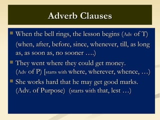 Adverb Clauses
   When the bell rings, the lesson begins (Adv of T)
    (when, after, before, since, whenever, till, as long
    as, as soon as, no sooner ….)
   They went where they could get money.
    (Adv of P) [starts with where, wherever, whence, …)
   She works hard that he may get good marks.
    (Adv. of Purpose) (starts with that, lest …)
 