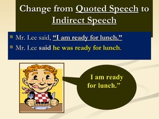 Change from Quoted Speech to
           Indirect Speech
   Mr. Lee said, “I am ready for lunch.”
   Mr. Lee said he was ready for lunch.



                            “I am ready
                            for lunch.”
 