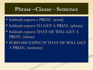 Phrase –Clause - Sentence
   Subhash expects a PRIZE. (word)
   Subhash expects TO GET A PRIZE. (phrase)
   Subhash expects THAT HE WILL GET A
    PRIZE. (clause)
   SUBHASH EXPECTS THAT HE WILL GET
    A PRIZE. (sentence)
 