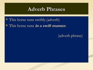 Adverb Phrases
   This horse runs swiftly.(adverb)
   This horse runs in a swift manner.

                                (adverb phrase)
 