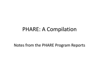 PHARE: A Compilation
Notes from the PHARE Program Reports
 
