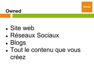 Owned


●   Site web
●   Réseaux Sociaux
●   Blogs
●   Tout le contenu que vous
    créez
 
