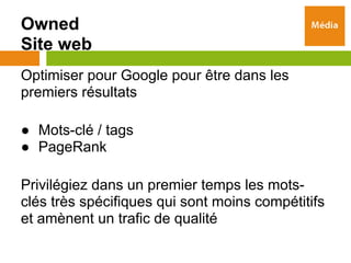Owned
Site web
Optimiser pour Google pour être dans les
premiers résultats

● Mots-clé / tags
● PageRank

Privilégiez dans un premier temps les mots-
clés très spécifiques qui sont moins compétitifs
et amènent un trafic de qualité
 