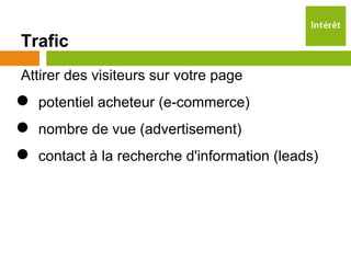 Trafic
Attirer des visiteurs sur votre page
●   potentiel acheteur (e-commerce)
●   nombre de vue (advertisement)
●   contact à la recherche d'information (leads)
 