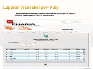 “ Menampilkan seluruh transaksi per-poli dalam periode yang diinginkan. Laporan
dapat juga dieksport ke MsExcel, Pdf, ataupun Grafik”
 
