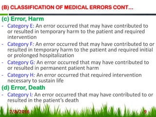 (B) CLASSIFICATION OF MEDICAL ERRORS CONT…
(c) Error, Harm
- Category E: An error occurred that may have contributed to
or resulted in temporary harm to the patient and required
intervention
- Category F: An error occurred that may have contributed to or
resulted in temporary harm to the patient and required initial
or prolonged hospitalization
- Category G: An error occurred that may have contributed to
or resulted in permanent patient harm
- Category H: An error occurred that required intervention
necessary to sustain life
(d) Error, Death
- Category I: An error occurred that may have contributed to or
resulted in the patient’s death
7/8/2016 9
 