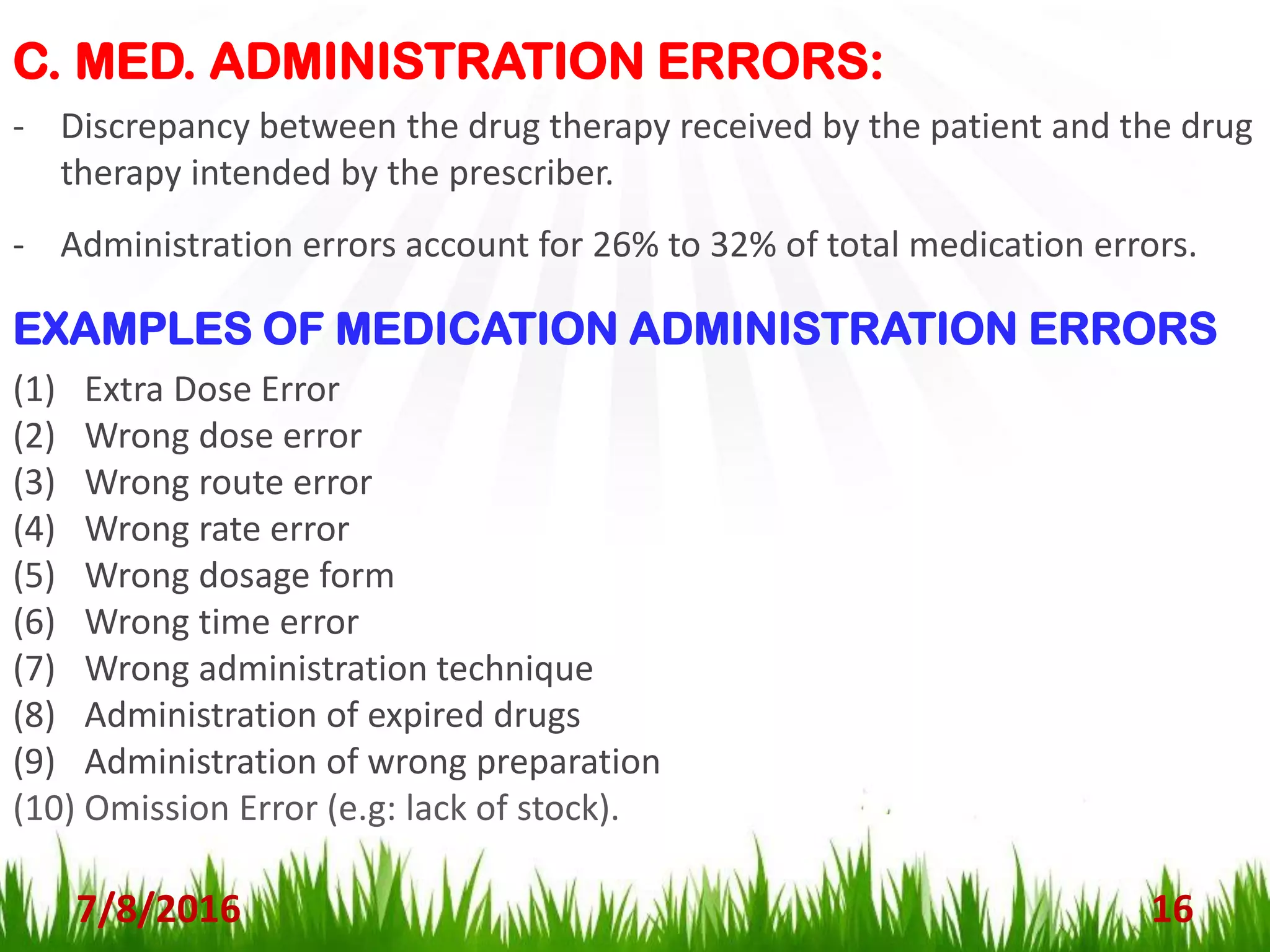 C. MED. ADMINISTRATION ERRORS:
7/8/2016 16
- Discrepancy between the drug therapy received by the patient and the drug
therapy intended by the prescriber.
- Administration errors account for 26% to 32% of total medication errors.
EXAMPLES OF MEDICATION ADMINISTRATION ERRORS
(1) Extra Dose Error
(2) Wrong dose error
(3) Wrong route error
(4) Wrong rate error
(5) Wrong dosage form
(6) Wrong time error
(7) Wrong administration technique
(8) Administration of expired drugs
(9) Administration of wrong preparation
(10) Omission Error (e.g: lack of stock).
 