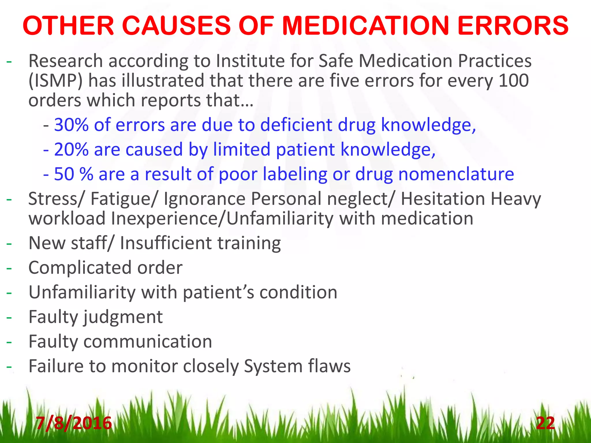 OTHER CAUSES OF MEDICATION ERRORS
7/8/2016 22
- Research according to Institute for Safe Medication Practices
(ISMP) has illustrated that there are five errors for every 100
orders which reports that…
- 30% of errors are due to deficient drug knowledge,
- 20% are caused by limited patient knowledge,
- 50 % are a result of poor labeling or drug nomenclature
- Stress/ Fatigue/ Ignorance Personal neglect/ Hesitation Heavy
workload Inexperience/Unfamiliarity with medication
- New staff/ Insufficient training
- Complicated order
- Unfamiliarity with patient’s condition
- Faulty judgment
- Faulty communication
- Failure to monitor closely System flaws
 