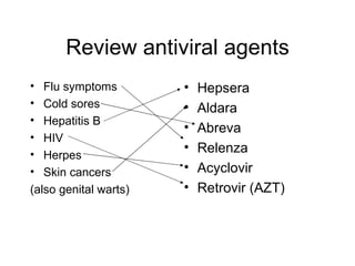 Review antiviral agents <ul><li>Flu symptoms </li></ul><ul><li>Cold sores </li></ul><ul><li>Hepatitis B </li></ul><ul><li>...